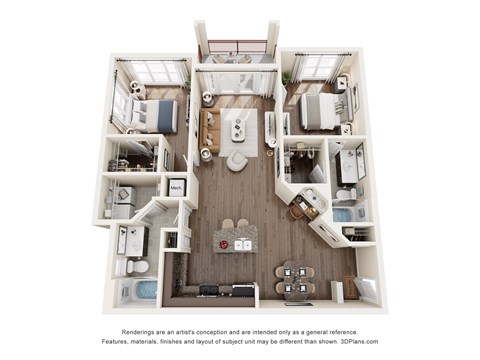Floor plan for 2 beds, 2 baths, 1136 sqft